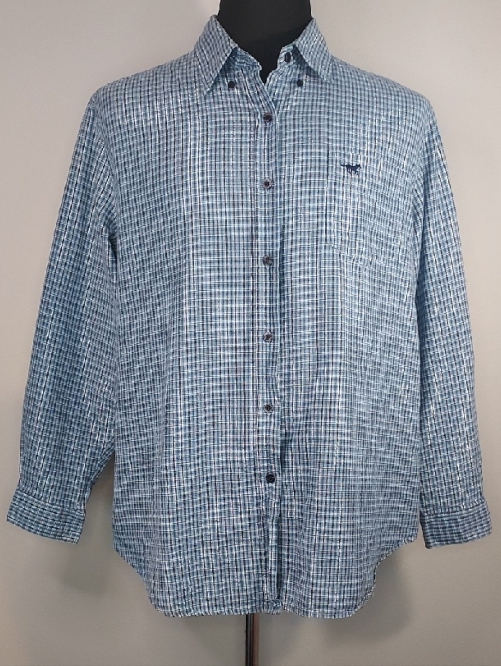 Five Star by Roper Lt Blue Dark Blue Silver Metallic Plaid Button-Down Shirt 2X